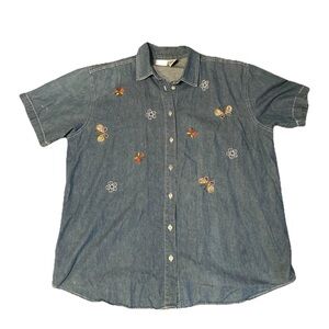 Butterfly Embroidered Denim Button Down Shirt 2XL